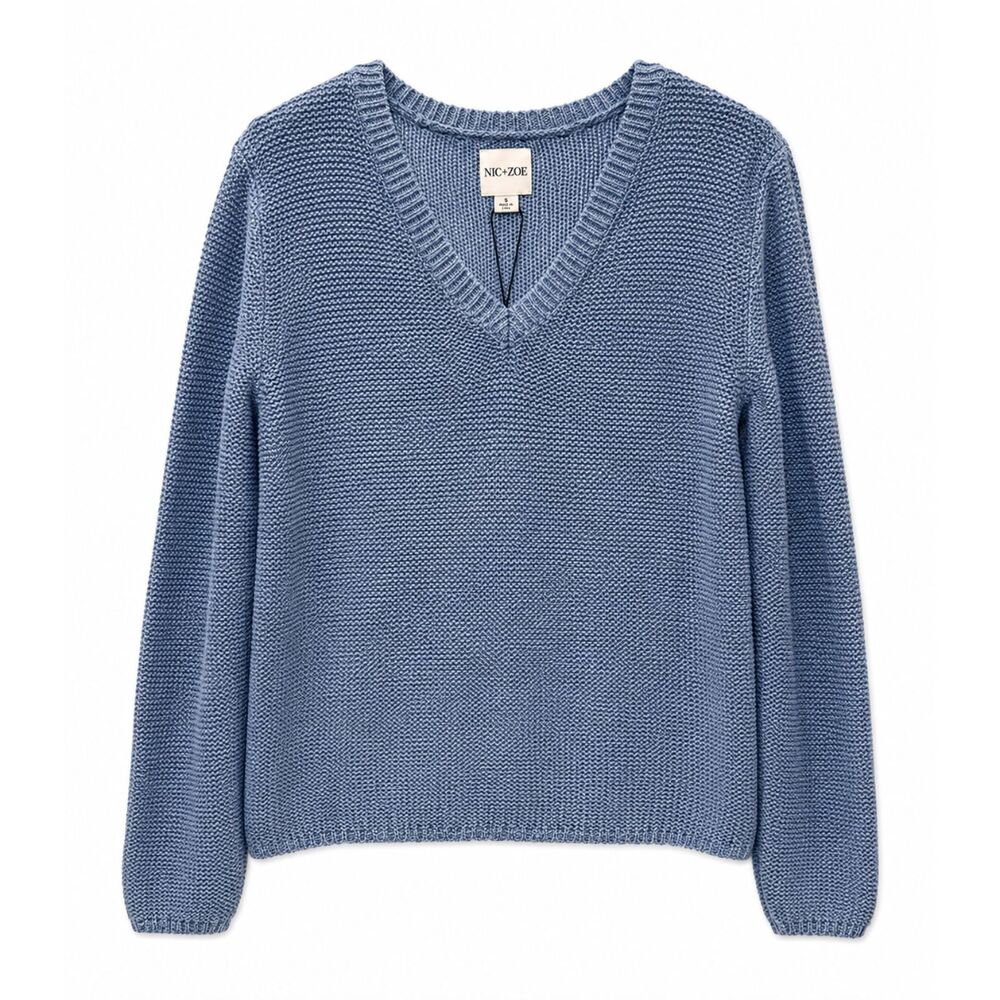 NIC+ZOE Blue V-Neck Knit Sweater Women’s Small NWT Cotton Blend Lightweight